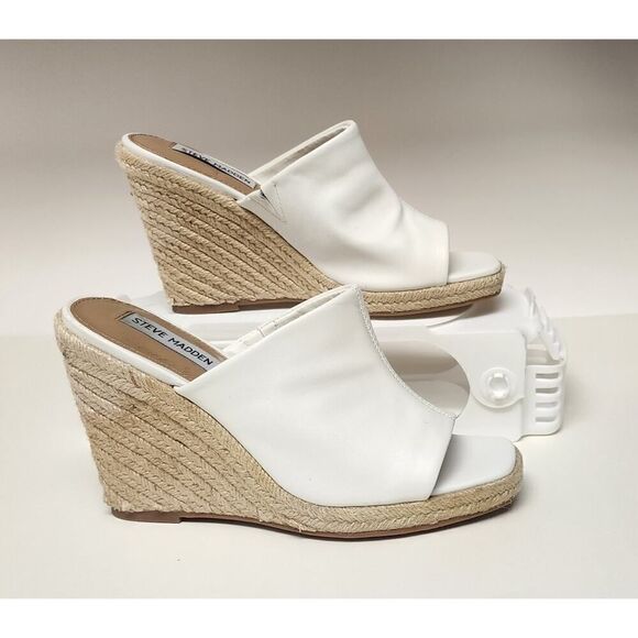 Steve Madden Women's White Urge Espadrille Wedge Heel Leather Sandals Size 8M - Picture 2 of 12